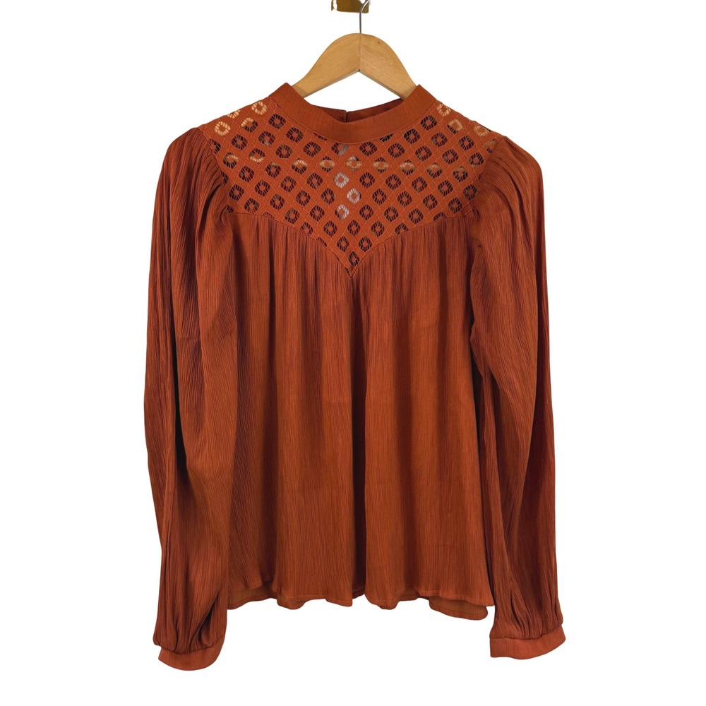 VICI Rust Lace Yoke Blouse Boho Prairie Cottagecore Fall Bishop Sleeve Medium